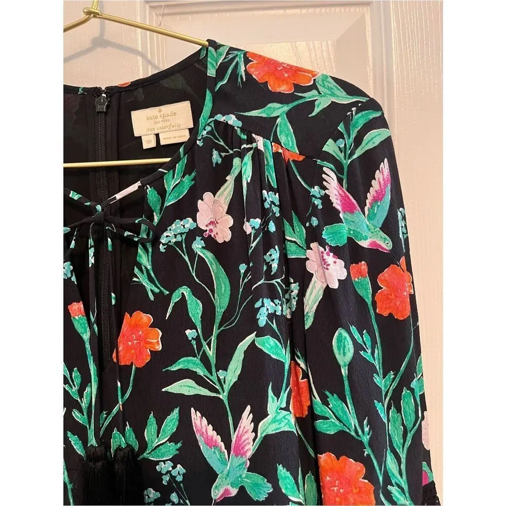 Kate Spade Hummingbird Floral Romper Black Crepe Tassel XS
